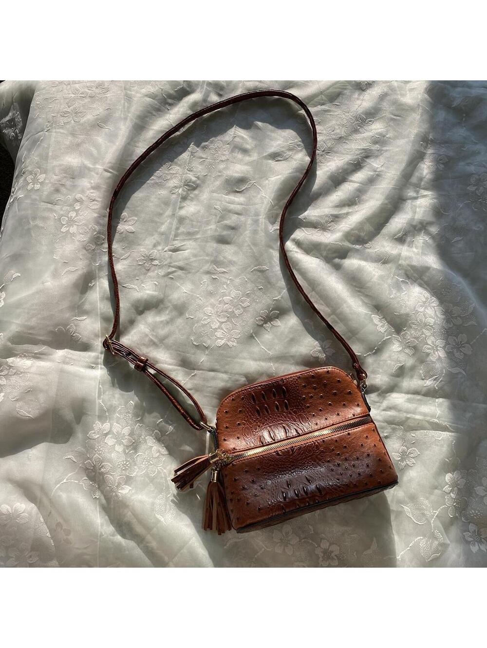 Late 2000s croc print over the shoulder tan brown bag with zipper with fringe